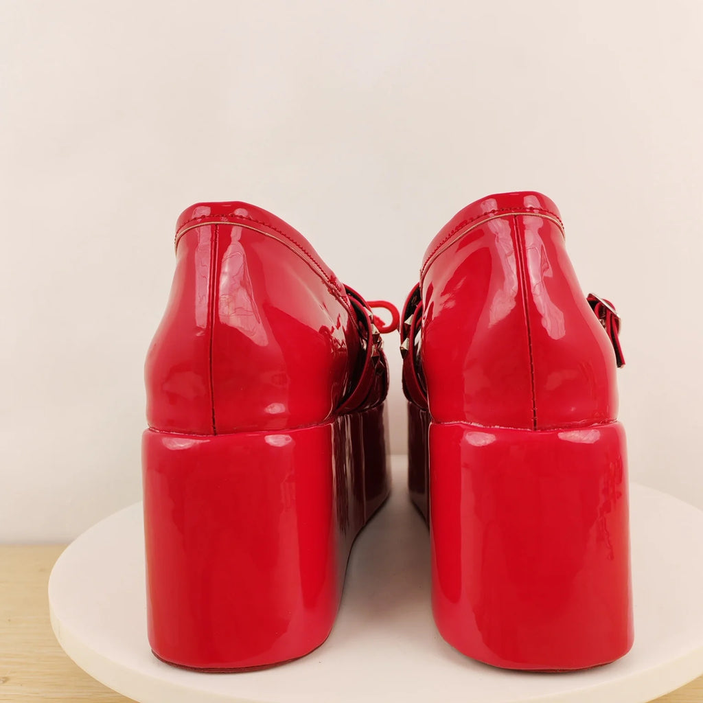 Bright Red Patent Studded Platform Mary Janes Multi Cutout Straps