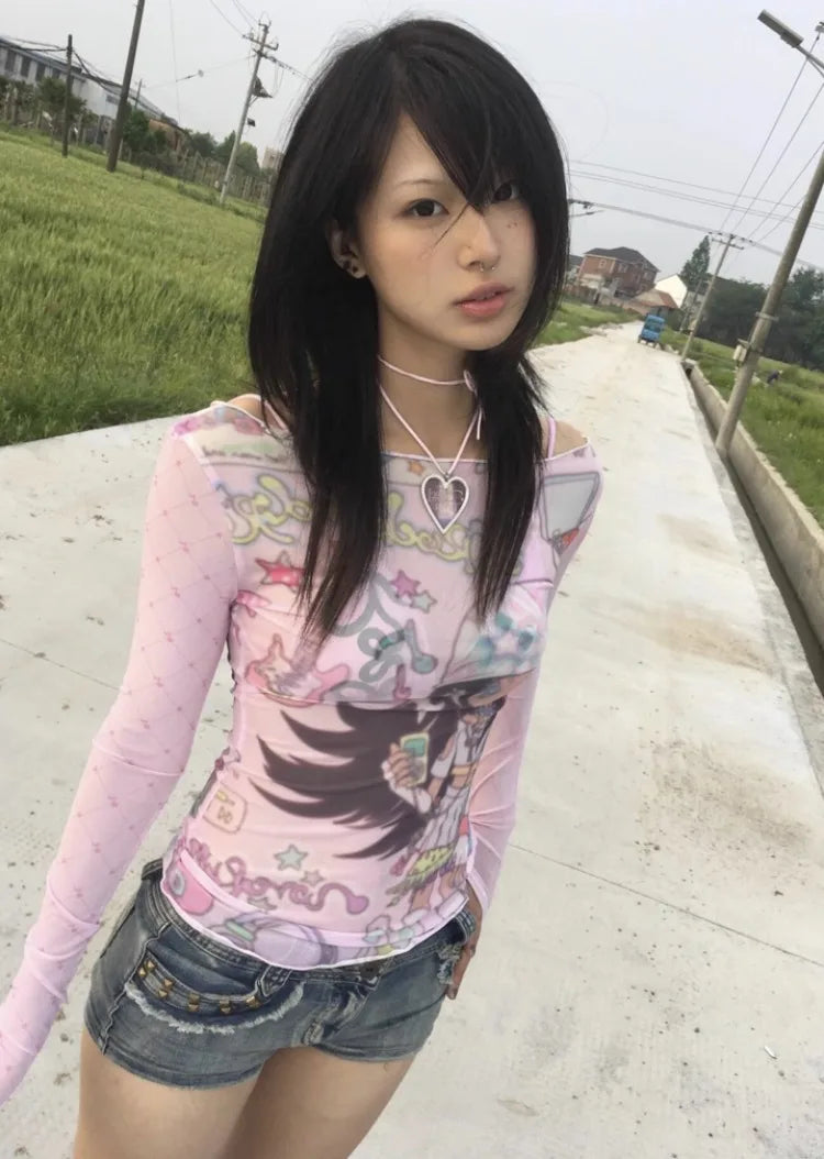 Summer Sun Protection Slash Neck Gauze Tshirts Women Y2k Aesthetic Cartoon Print Grunge Mesh Tops Harajuku Vintage Fairy Tees