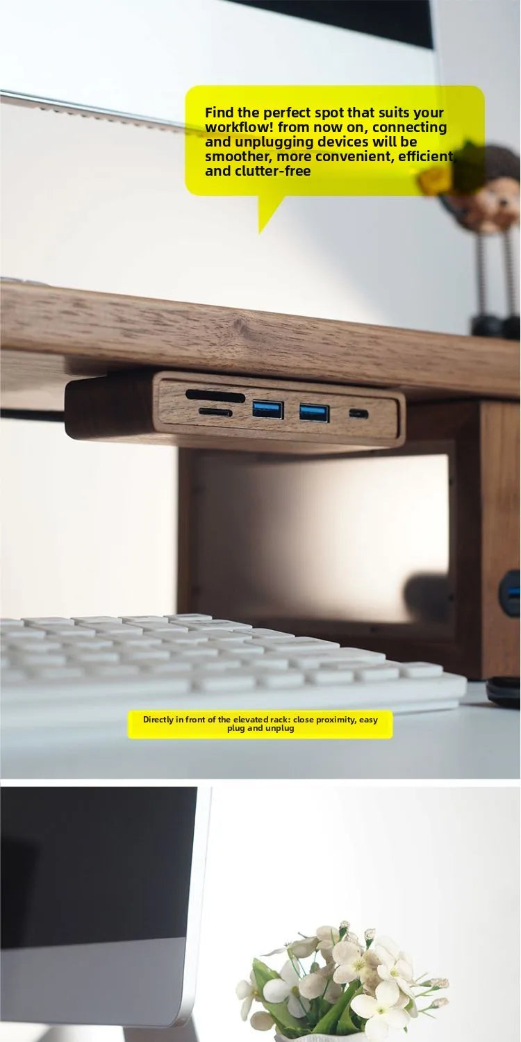 Black Walnut Wood USB Hub Under Desk Organizer Premium Desktop Riser Accessory with 3.0 Ports Multi-Device Charging Station
