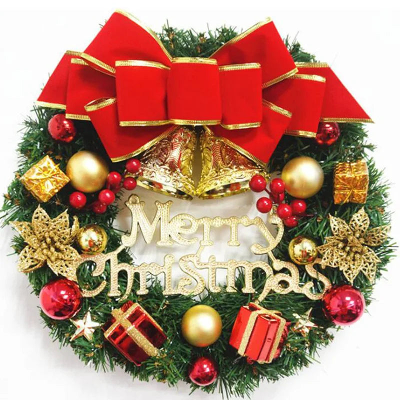 30cm Artificial Christmas Wreath For Front Door Red Bow Bell Christmas Wreath Door Hanging Window Ornaments Christmas Decoration