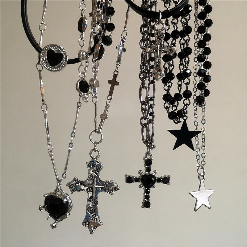 Personalized Punk Star Heart Cross Chain Double Layer Necklace for