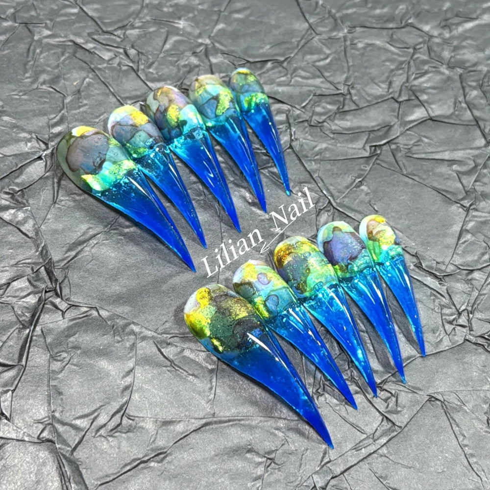 10Pcs Spice Girl Colorful Handmade Full Cover False Nail Y2K Long Dragon Shape Claw Cat Eyes Gradients Reusable Press On Nails