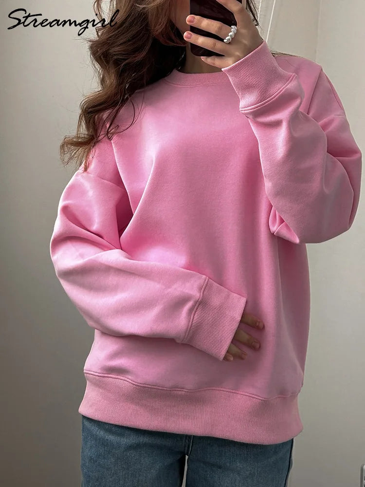 Streamgirl Cotton Basic Sweatshirt Women Oversized Yellow Pullovers Loose Casual Tops Spring Colorful Sweatshirts Women Pink