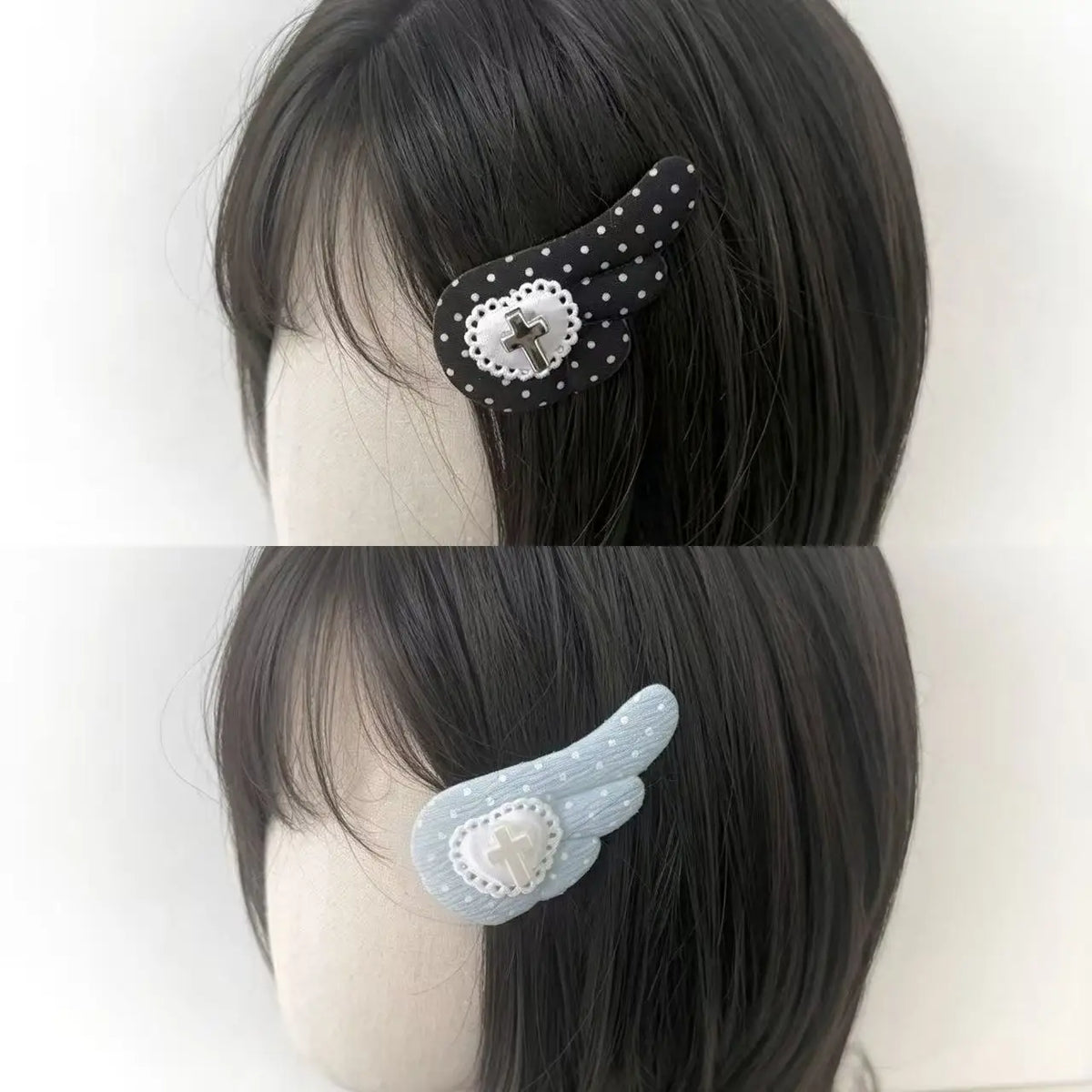 Vintage Y2K Polka Dot Wing Hair Clip Cross Rose Heart Japanese