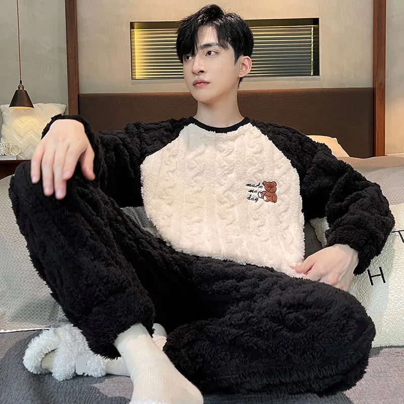 Men's Winter Jacquard Weave Flannel Pajamas Set Coral Fleece Cartoon Sleepwear Homewear Thick Warm Male Suit Fall Sweatshirt 5XL