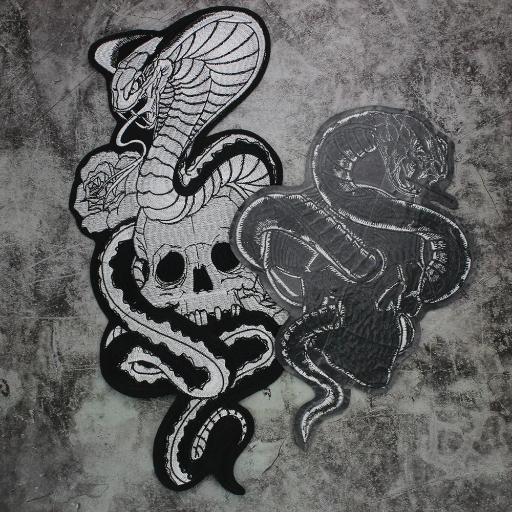 Large Skull Snake flower Biker Patches Iron on Embroidery Back Applique Jackets DIY Motorcycle Patch for Clothing Punk  Badge