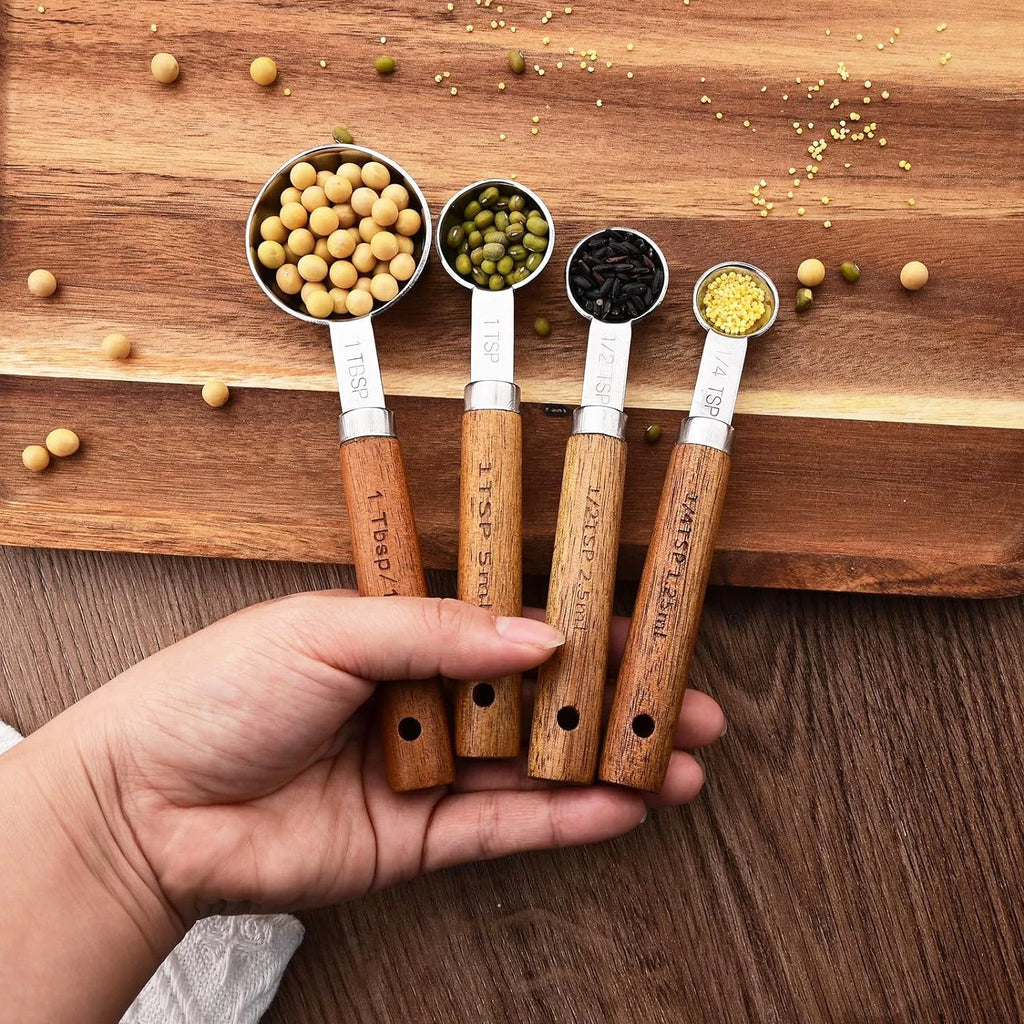 1/4Pcs Stainless Steel Measuring Cups and Spoons Set with Wooden Handles Multifunctional Baking Tool for Cooking and Baking