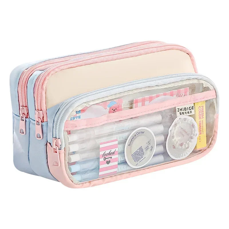 Kawaii Pencil Bag Large Capacity 3 Compartments Pencil Case Pen Pouch Desk Organizer School Supplies Cute Korean Stationery