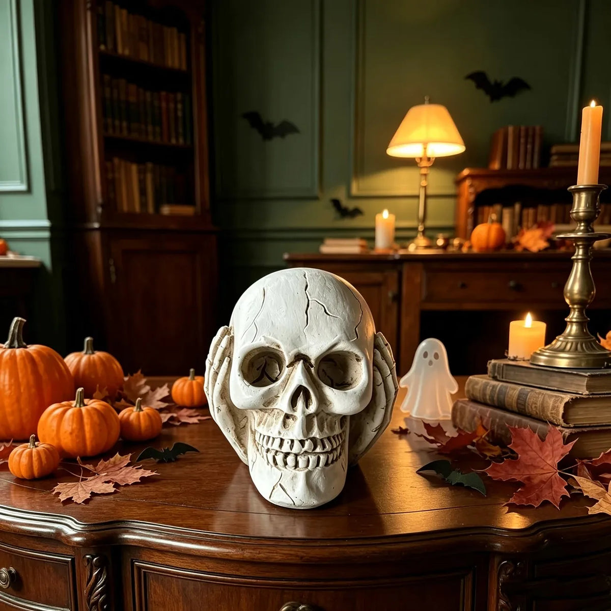 Resin skull figurine, replicating the classic poses of covering the mouth, ears, and eyes, perfect for Halloween decorations
