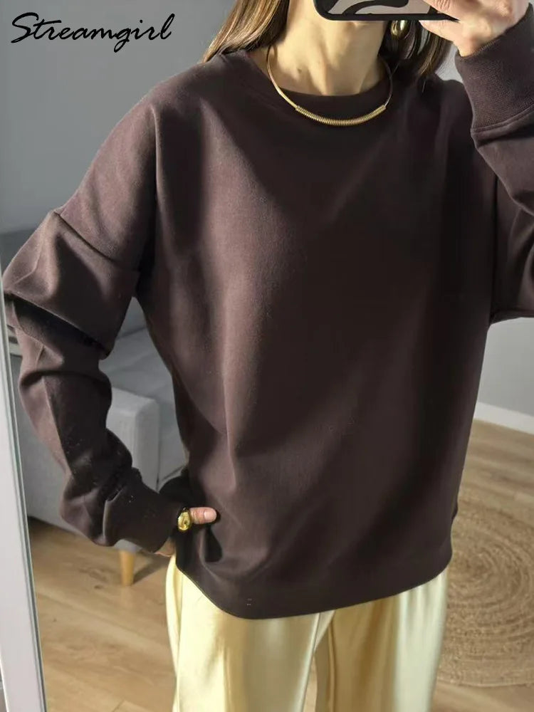 Autumn Oversized Sweatshirts Women Cotton Loose Pullovers Red O Neck Warm Sweatshirt For Women Oversize Winter Clothes Fleece