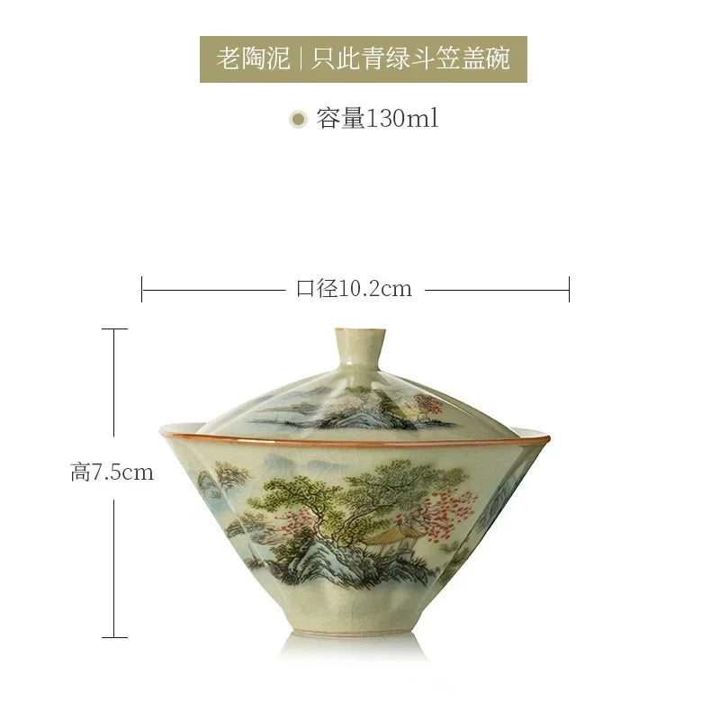 Jingdezhen-Ceramic Tea Cup with Bamboo Hat, Traditional Handmade Tea Ware, Single Bowl, Kung Fu Tea with Lid, Sancai Gaiwan
