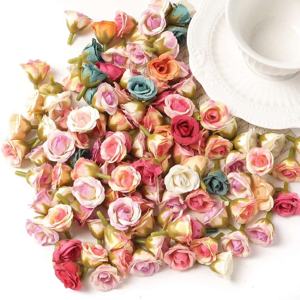 100Pcs Mini Silk Rose Artificial Flowers Head Fake Flowers For Home Decor Wedding Decoration DIY Bride Wreath Gifts Accessories