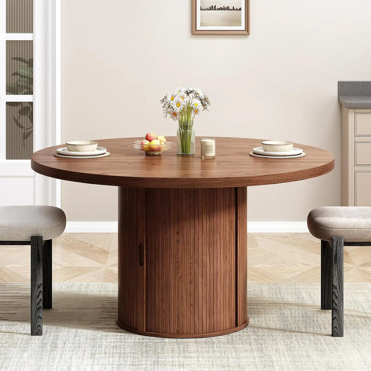 47-Inch Round Walnut Dining Table With Storage