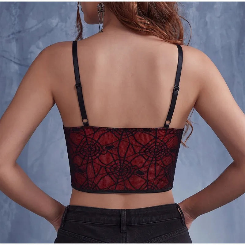 Gothic Spider Web Boned Corset Top Women Y2K Cropped Cami Tank Top