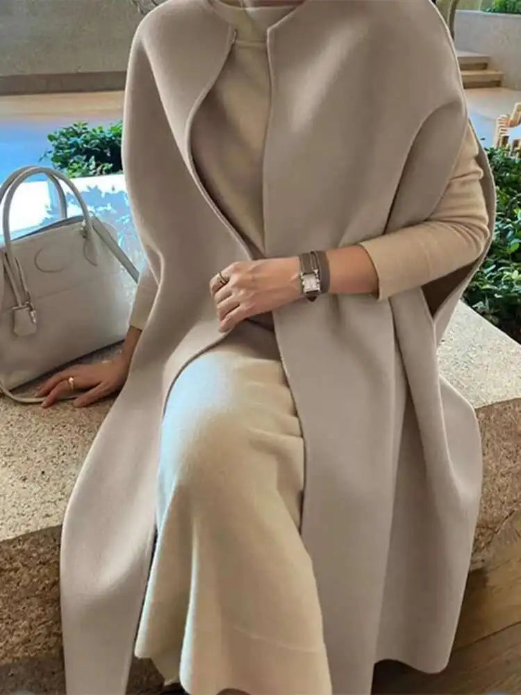 [EWQ] Korean Elegant Vintage O Neck Shawl Loose All Match Medium Length Cardigan Woolen Vest Women 2025 Autumn Winter 16U7318