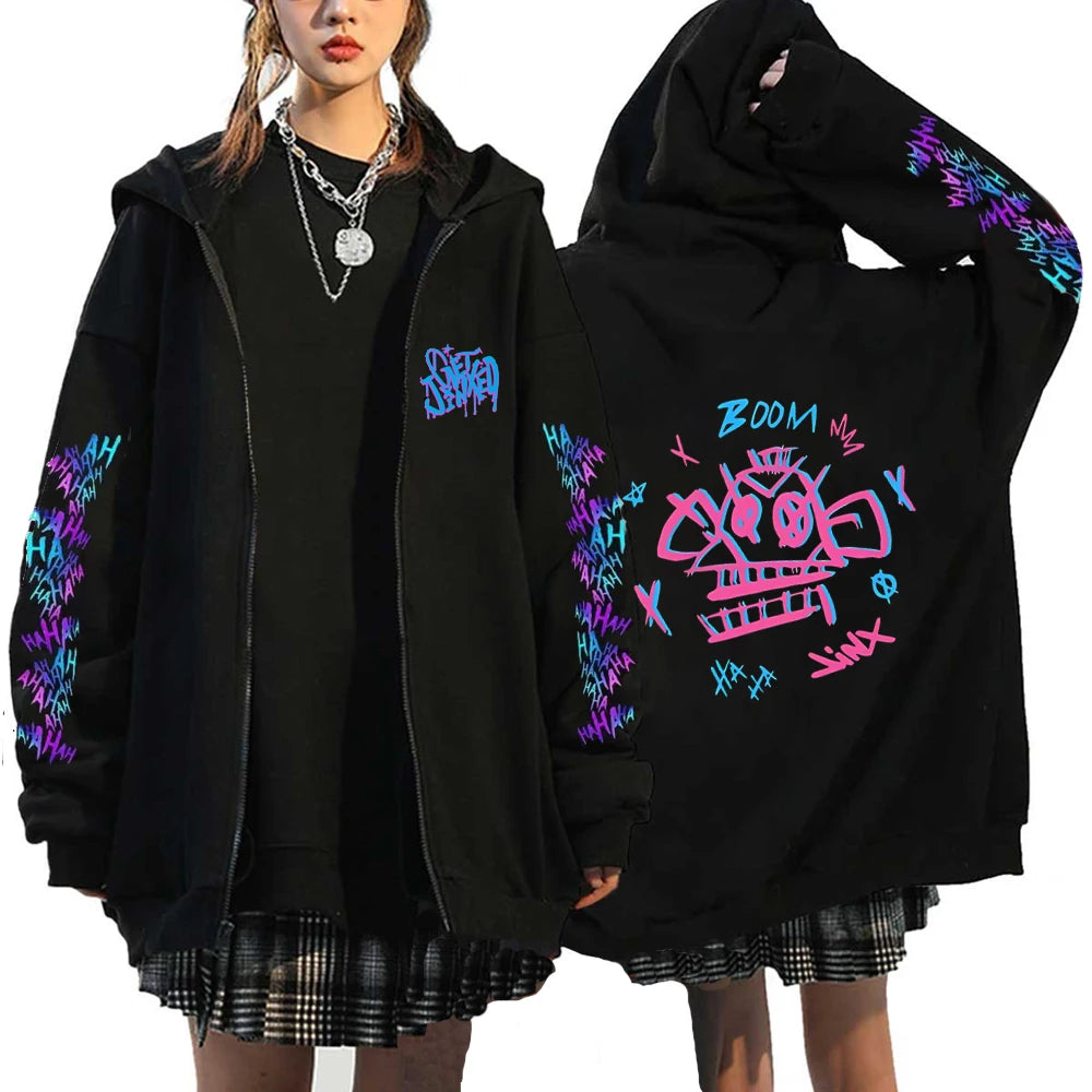Arcane-Jinx Zipper Hoodie Harajuku Anime Monkey Graffiti Pullover Sweatshirt Men Women Streetwear Gothic Game Lover Zip Hoodie