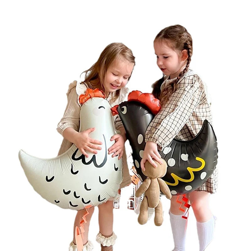 2Pcs Chicken-Shaped Aluminum Foil Balloons Black & White Polka Dot Cartoon Standing Decorations for Children's Birthday Party