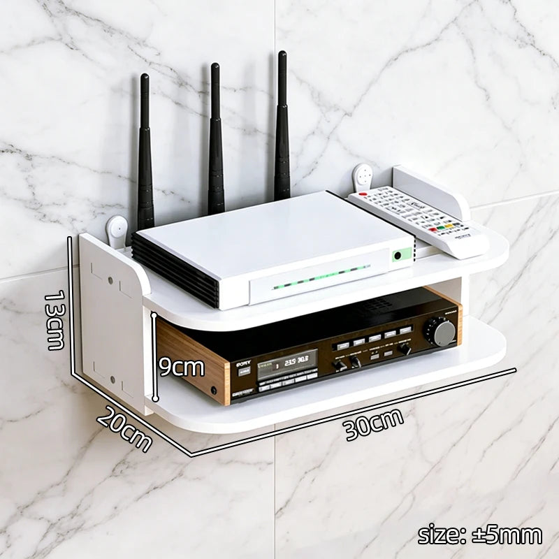2 Tier Wall Mount Shelf No Drill Router TV Box Power Strips Floating Organizer Home Hanging Storage Cable Management with Hooks