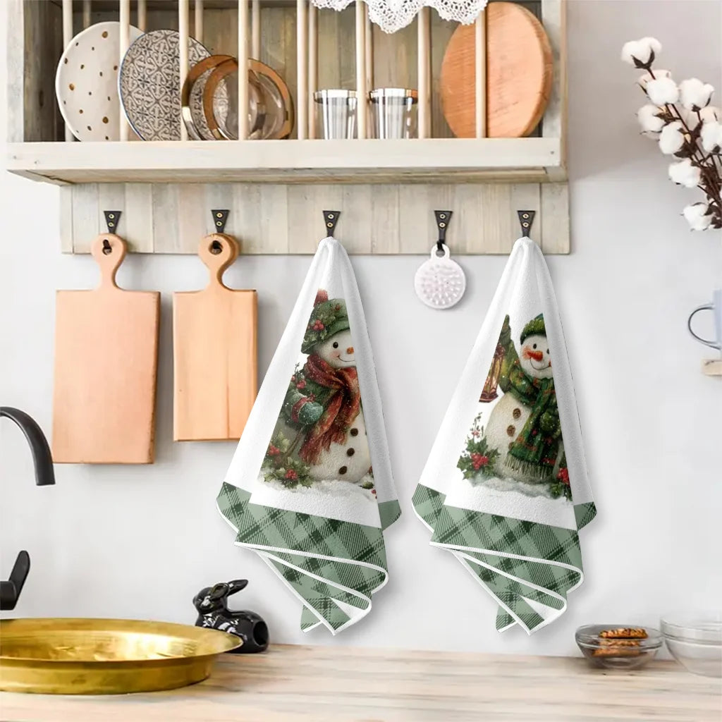 2Pcs, Green Christmas Snowman Kitchen Towels, 40Cm*60Cm Towel Set, Super Absorbent Soft Cleaning Cloth, Cooking and Baking Tea Towel, Hand Towel, Cleaning Cloth, Dishwashing Cloth, Kitchen Decoration, Living Room Decorations,