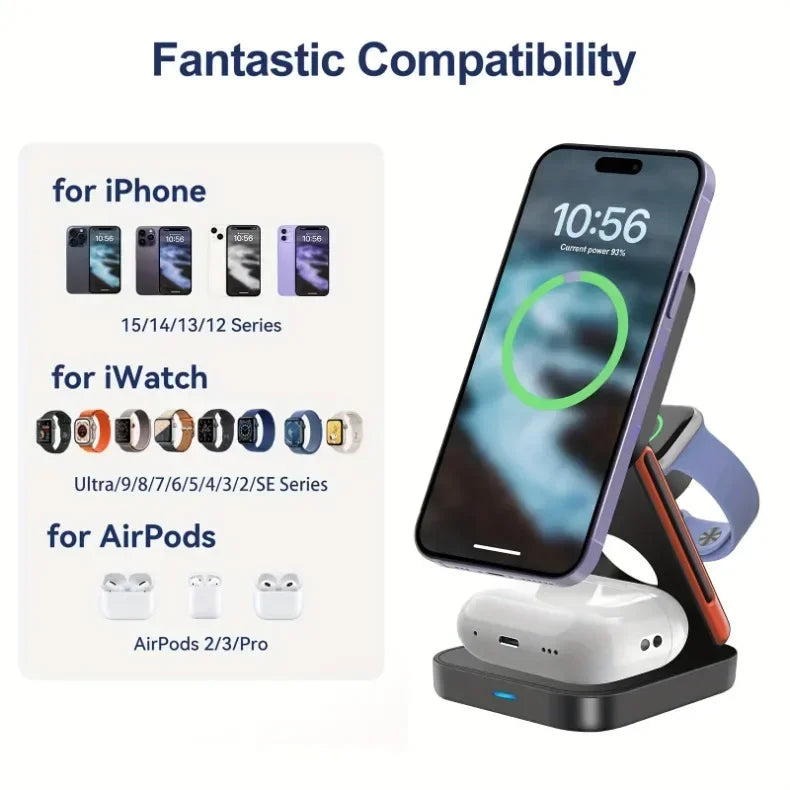 3 in 1 Foldable Magnetic Wireless Charger Stand 100W Fast Charging Station for iPhone 16 15 14 13 12 iWatch 10-2 Airpods Pro Max