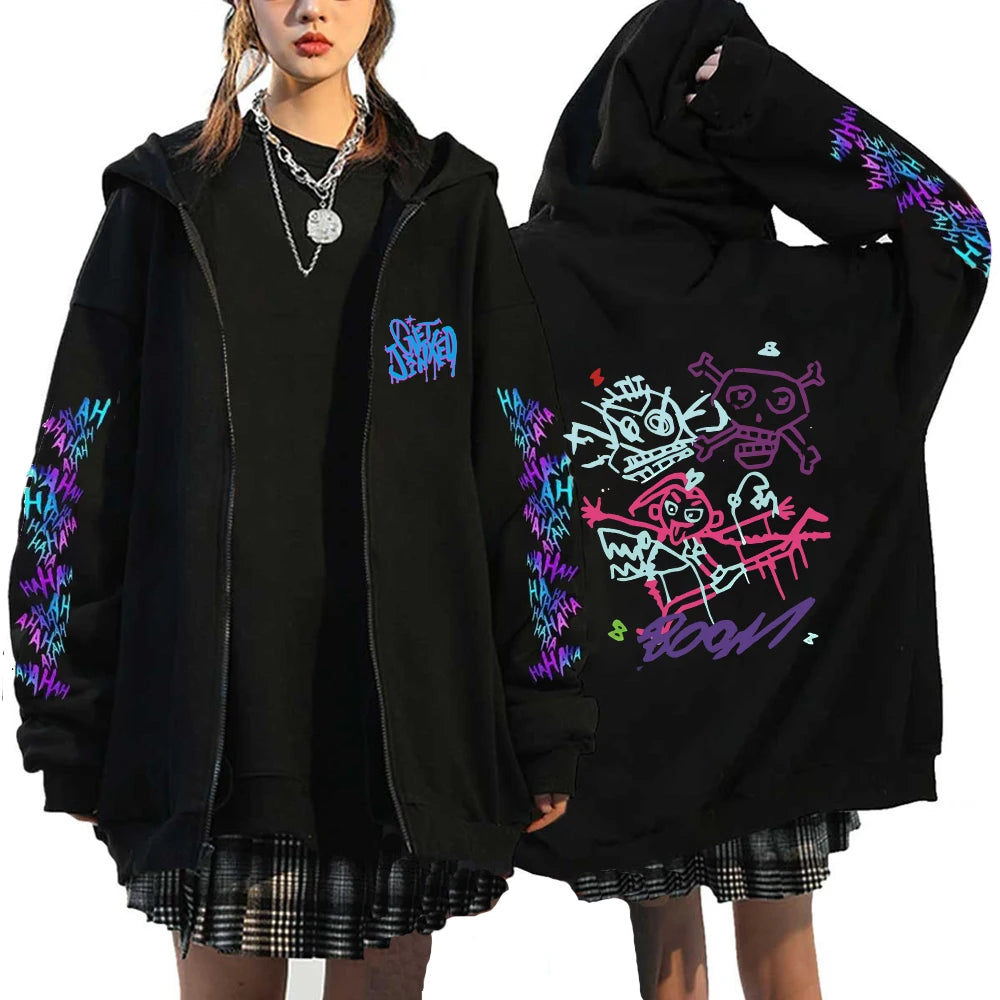 Arcane-Jinx Zipper Hoodie Harajuku Anime Monkey Graffiti Pullover Sweatshirt Men Women Streetwear Gothic Game Lover Zip Hoodie