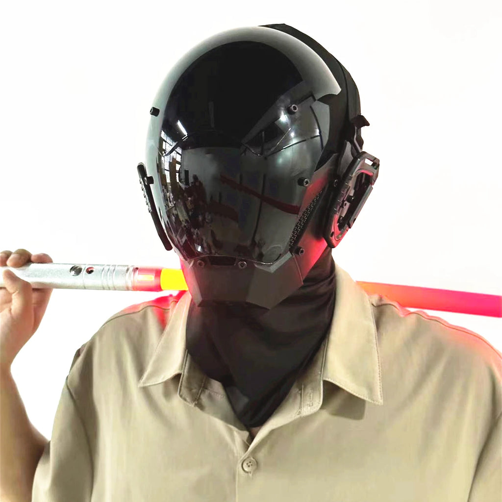 Cyberpunk Mask Futuristic Techwear, Halloween Cosplay Helmet Decor with Light and Dirty Braid, Japanese Warrior Style Knight Sty