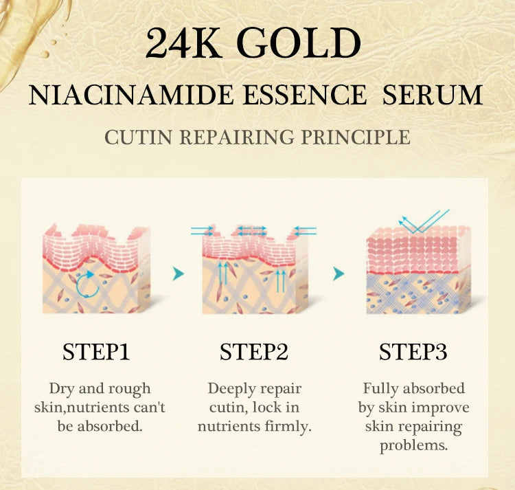 24k Gold Niacinamide Face Serum Whitening Moisturizing Dark Spot Removal Hyaluronic Acid Rejuvenation Facial Serum Skin Care