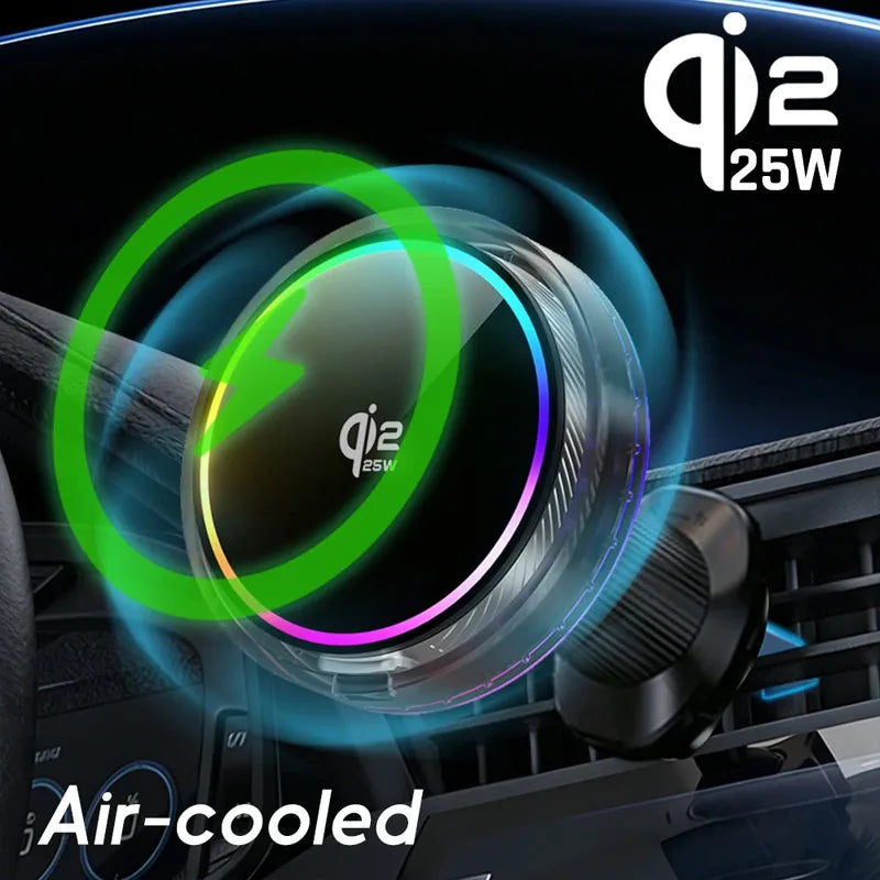 Car Magnetic Wireless Charger Qi2.2 25W Air Cooling RGB Light  Phone Holder For Magsafe iPhone 17 16 15 14 13 12 Fast Charging