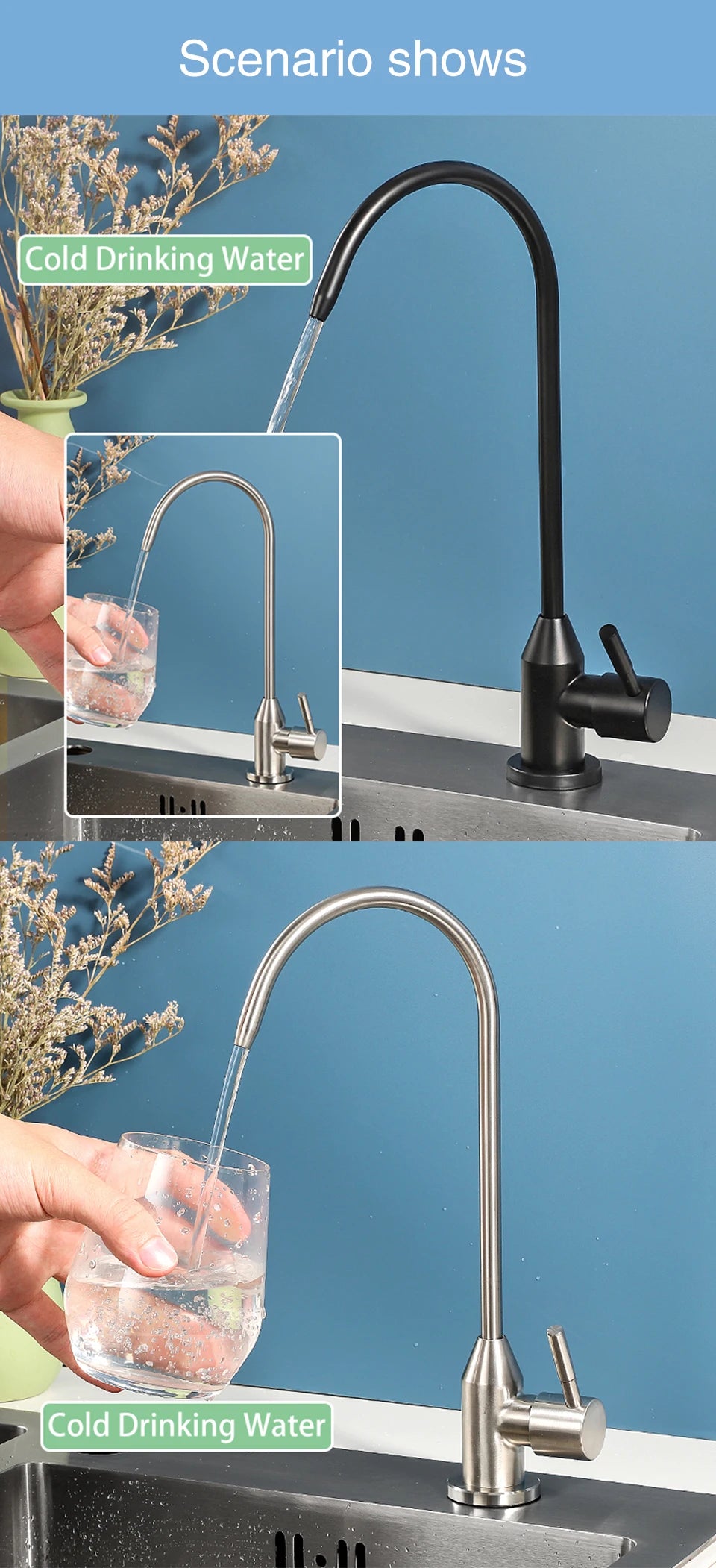ULA 1/4"Kitchen Faucets Direct Drinking Tap Stainless Steel Water Purifier Faucet Single Cold Water Sink Faucet Filter Faucet