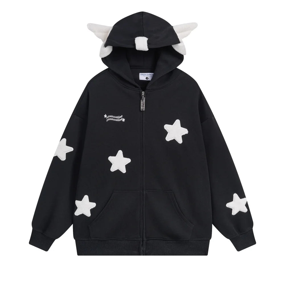 Japanese Kawaii Wing Hooded Loose Sweatshirt Women Autumn Long Sleeves Zipper Star Cardigan Oversized Coat Y2K Sweet Cute