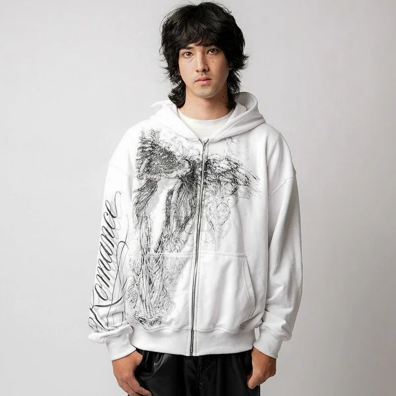 Y2k Obsessed Zip Up Hoodie Trendy Goddess Painting Couple Sweatshirt Harajuku Retro Hip Hop Streetwear Unisex Boxy Casual Hoodie