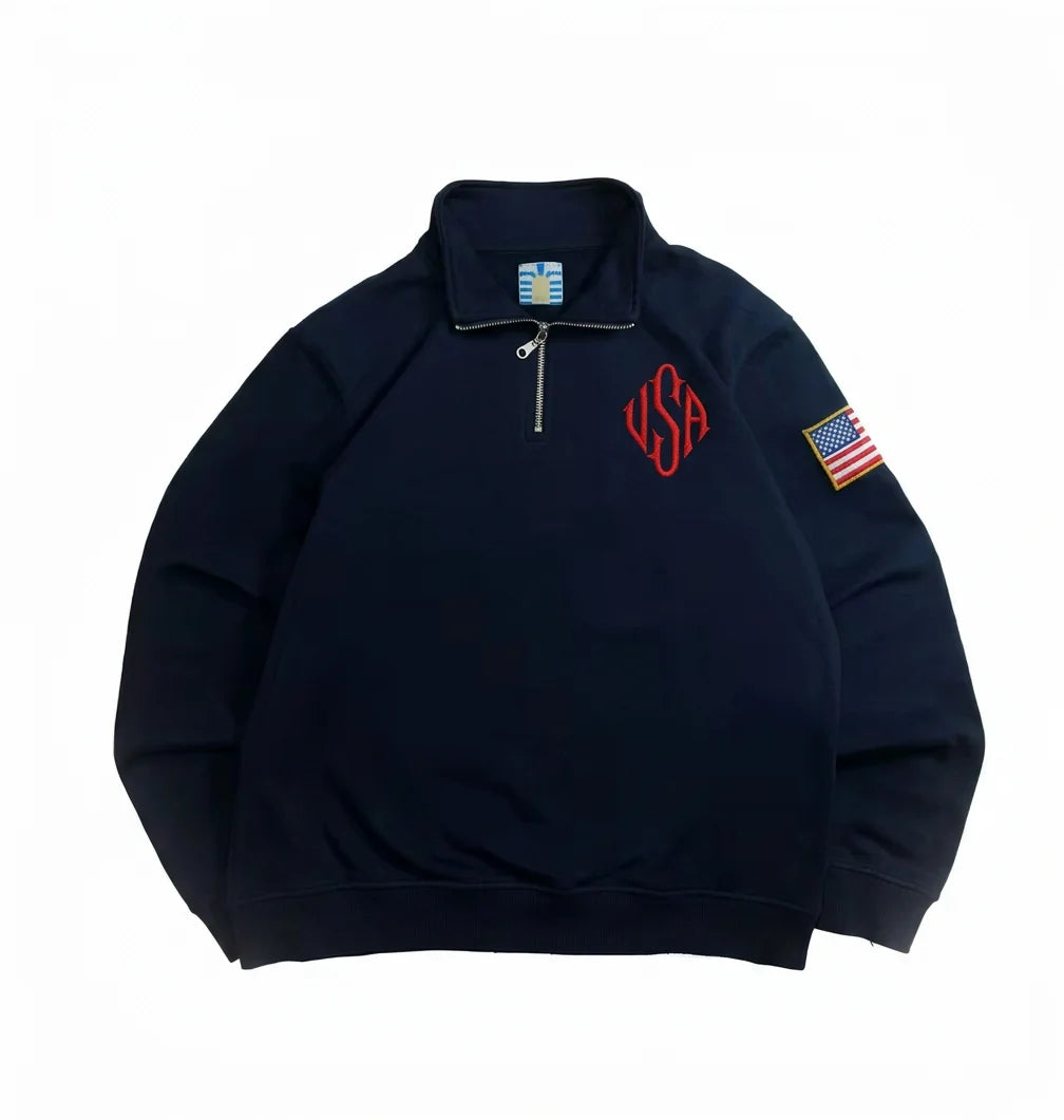 Quarter Zip Sweatshirt Y2K Navy Blue USA Embroidered American Flag Patchwork Jacket Men Women Retro Street Fashion Trend Top