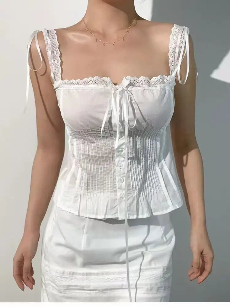 Korean Pure White Lace Vest Women Summer Tanks Bow High Waist Sexy