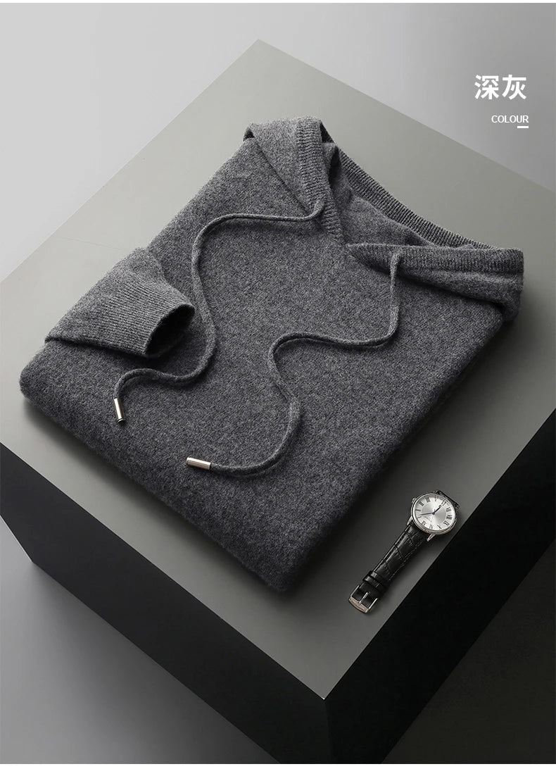 MVLYFLRT Men's 100% Merino Wool Sweater Hooded Collar Knitted Pullover Sweatshirt Autumn Winter Casual Large Tops Long Sleeved