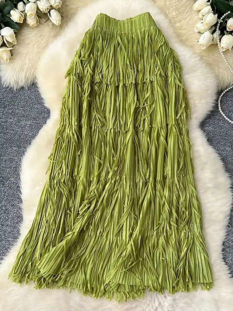 LANMREM Fringe Skirts Women Fashion 2025 Spring Summer New Elastic Waist Solid Color Casual Versatile Mid-length Skirt 2DE468