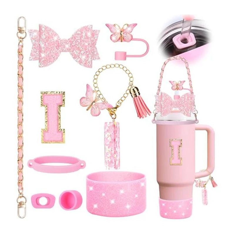 9PCS Set Bling Pink For Stanley Cup Cute Bow Letter Decoration 30oz 40oz Cup Spill Proof Stopper Keychain Handle Cup Accessoriy