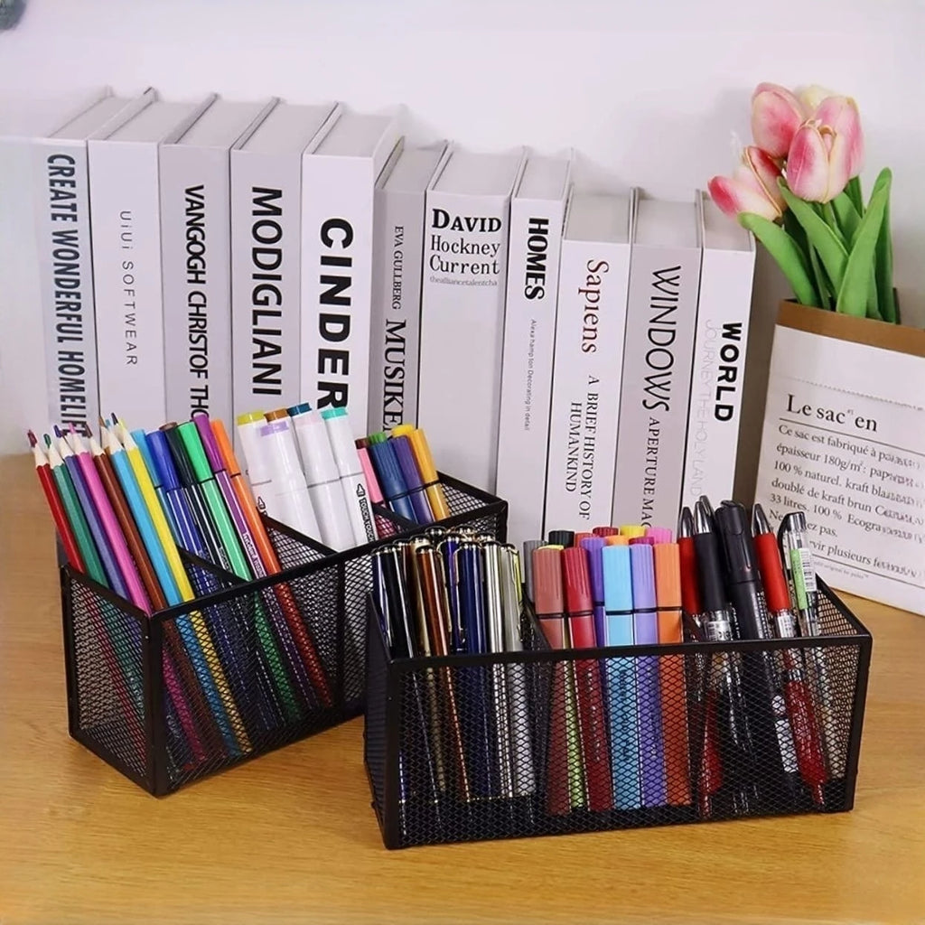 Metal Mesh Desk Organizer, Pen Holder, Pencil Holder, Office Supplies, 4 or 3 Compartments, Home and School Supplies, 1Pc