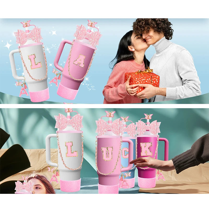 9PCS Set Bling Pink For Stanley Cup Cute Bow Letter Decoration 30oz 40oz Cup Spill Proof Stopper Keychain Handle Cup Accessoriy