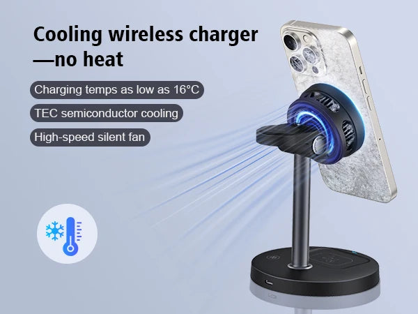 3-in-1 Magnetic Wireless Charger Stand with TEC Semiconductor Cooling, 15W for iPhone 17 16 15 14 13 12, iWatch & for AirPods