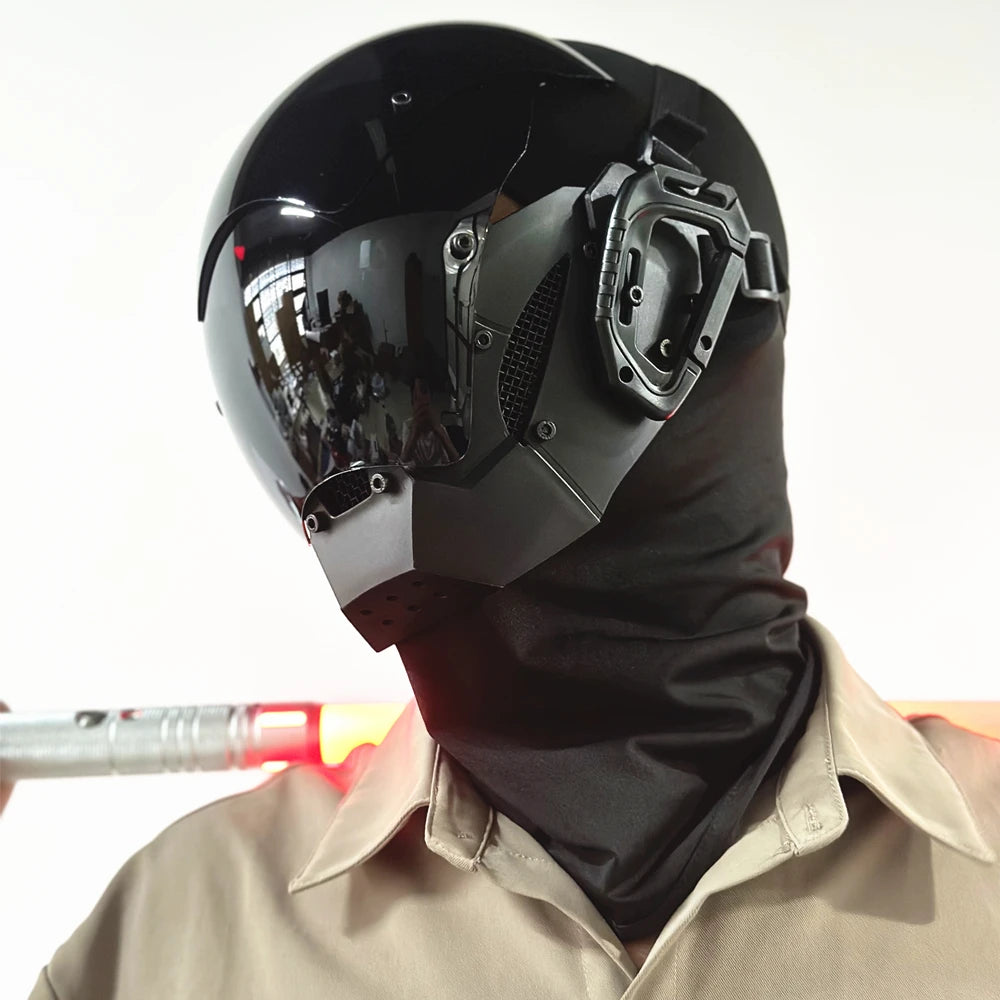 Cyberpunk Mask Futuristic Techwear, Halloween Cosplay Helmet Decor with Light and Dirty Braid, Japanese Warrior Style Knight Sty