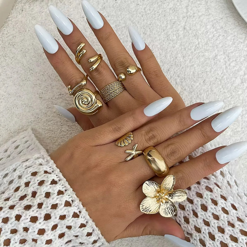 8-Piece Set Retro Metal Petal Water Drop Open Ring Women's