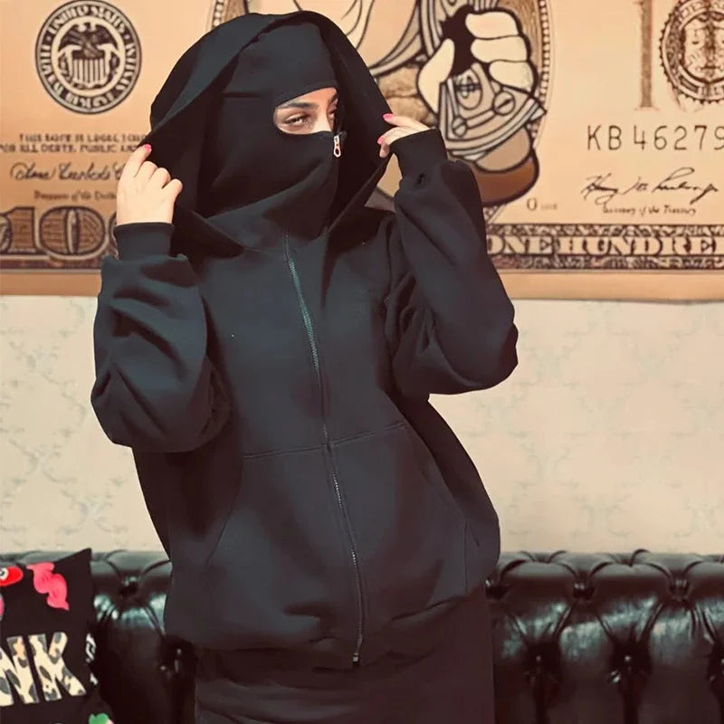 Balaclava Men Zip Hoodie Winter Warm Casual Sweatshirt Y2K with