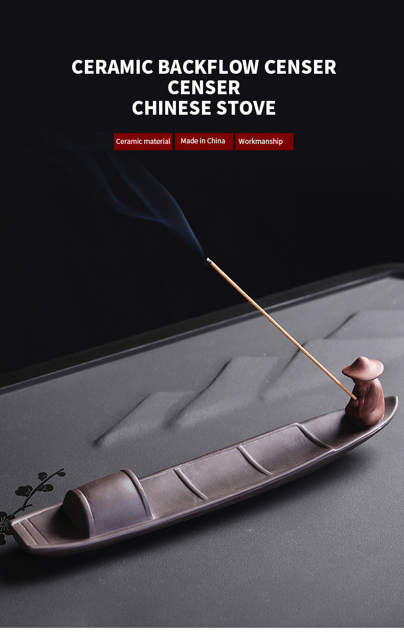 1pc Incense Stick Holder, Zen Meditation Purple Clay Fisherman Fishing Incense Stick Holder Home Decor (Without Incense)