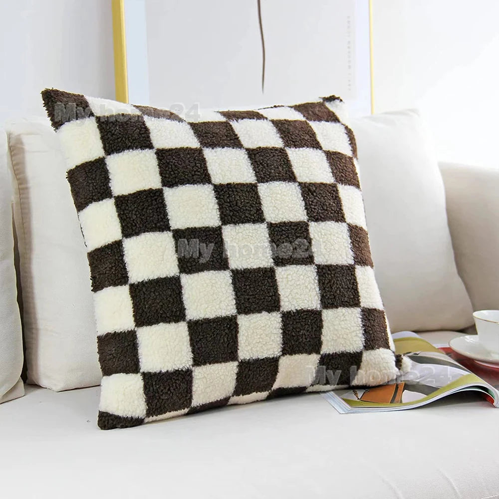 1Pc 45*45cm 50*50cm Checkerboard Plaid Plush Cushion Cover Knitted Car Sofa Throw Pillow Cover Short Fleece Pillowcase Cushion