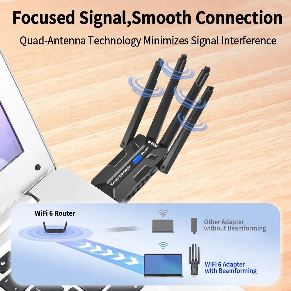 WiFi 6 USB Adapter 1800Mbps Dual Band 5GHz 2.4GHz