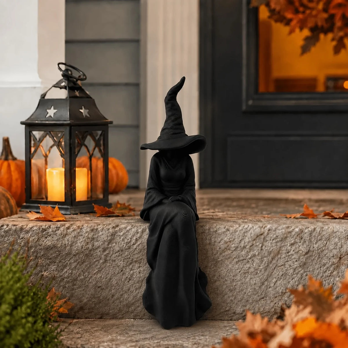 Plastic Faceless Witch Figurine Black Sitting Witch Wall Decor Gothic Halloween Living Room Bookshelf Entryway Porch Ornament