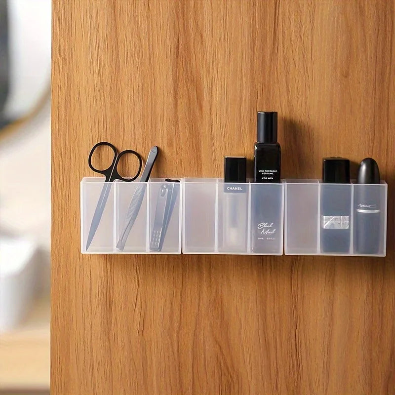 Transparent Wall-Mounted 3-Compartment Organizer - Self-Adhesive Storage Box for Makeup Brushes, Lipstick, Pens - With Shelves