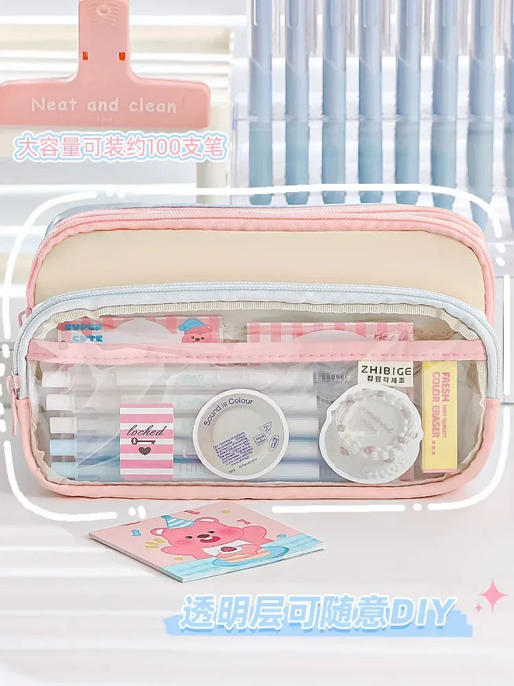 Kawaii Pencil Bag Large Capacity 3 Compartments Pencil Case Pen Pouch Desk Organizer School Supplies Cute Korean Stationery