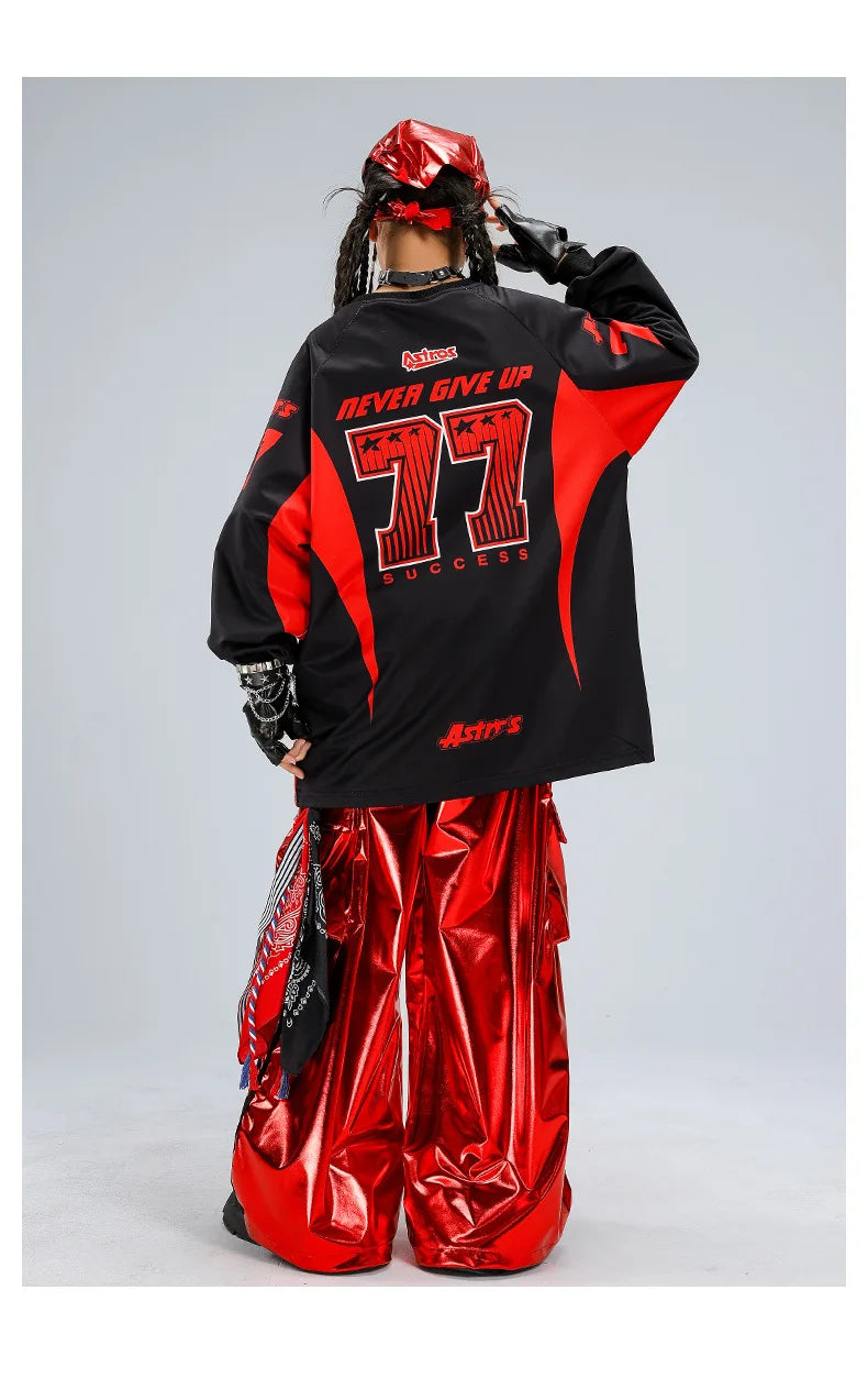 Boys Hip Hop Sweatshirt Shiny Vest Street Dance Cargo Pants Girls K-pop Clothes Set Kids Jazz Red Costumes Children Streetwear