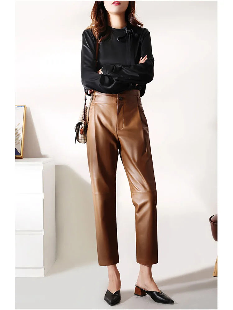 Genuine leather pants women winter 2025 new fashion elastic high waist pants women harem pants casual trouser female
